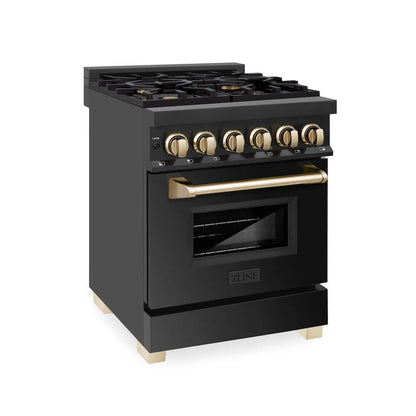ZLINE Autograph Edition 24 in. 2.8 cu. ft. Legacy Dual Fuel Range with 4 Burner Gas Cooktop and Electric Convection Oven in Black Stainless Steel and Polished Gold Accents, Open Box-Good Condition