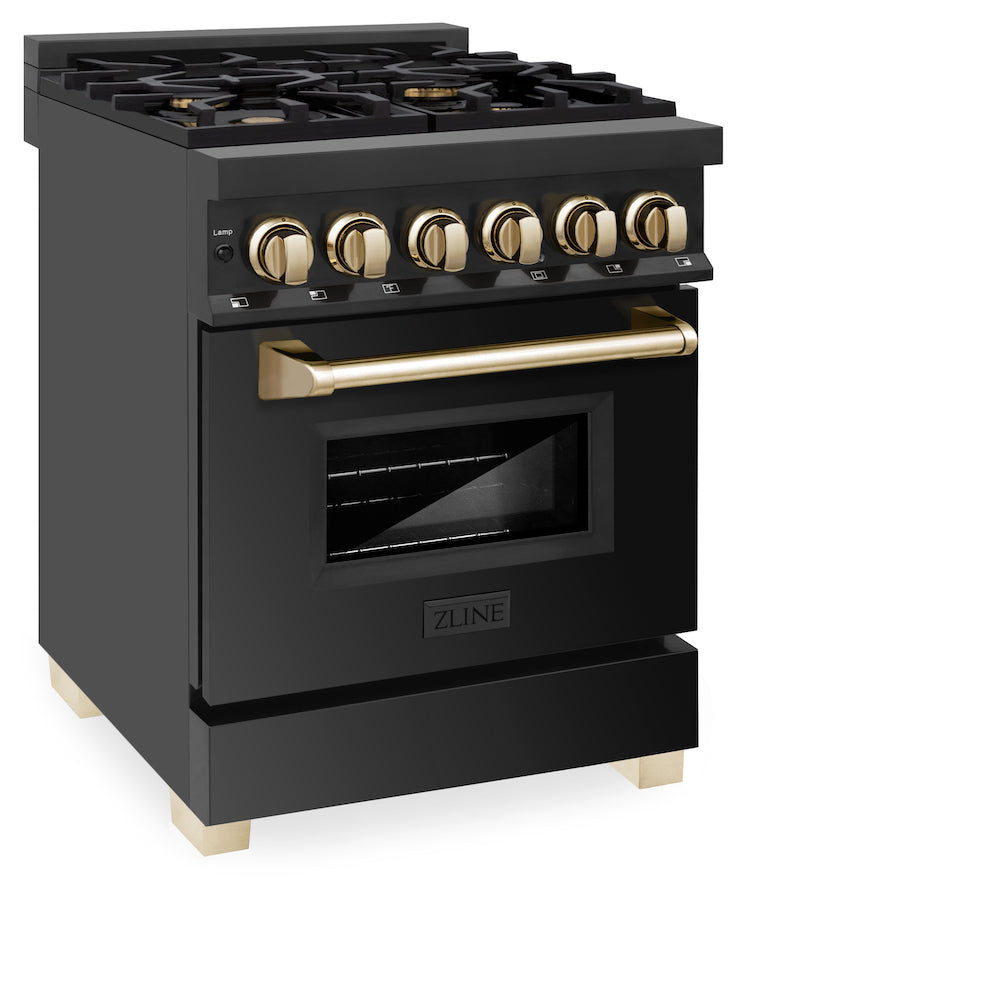 ZLINE Autograph Edition 24 in. 2.8 cu. ft. Dual Fuel Range with Gas Stove and Electric Oven in Black Stainless Steel with Polished Gold Accents (RABZ-24-G) side, oven closed.