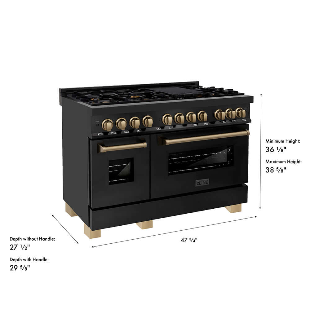 ZLINE Autograph Edition 48 in. 6.0 cu. ft. Legacy Dual Fuel Range with 7 Burner Gas Cooktop and 2 Electric Ovens in Black Stainless Steel and Champagne Bronze Accents, Open Box-Good Condition dimensional diagram.
