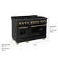 ZLINE Autograph Edition 48 in. 6.0 cu. ft. Legacy Dual Fuel Range with 7 Burner Gas Cooktop and 2 Electric Ovens in Black Stainless Steel and Champagne Bronze Accents (RABZ-48-CB) dimensional diagram.