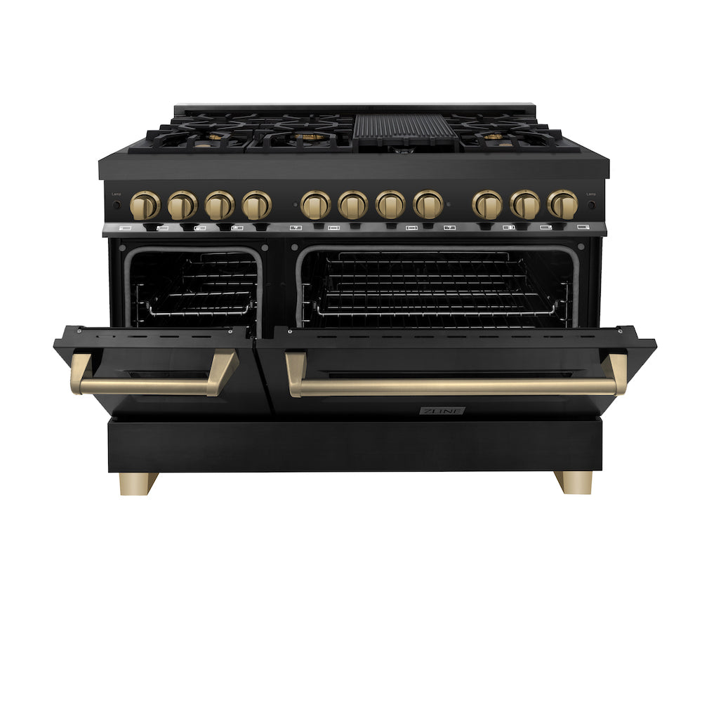 ZLINE Autograph Edition 48 in. 6.0 cu. ft. Dual Fuel Range with Gas Stove and Electric Oven in Black Stainless Steel with Champagne Bronze Accents (RABZ-48-CB) front, oven half open.
