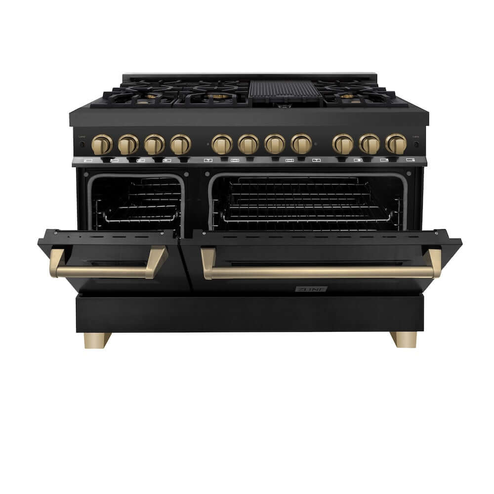 ZLINE Autograph Edition 48 in. 6.0 cu. ft. Legacy Dual Fuel Range with 7 Burner Gas Cooktop and 2 Electric Ovens in Black Stainless Steel and Champagne Bronze Accents, Open Box-Great Condition