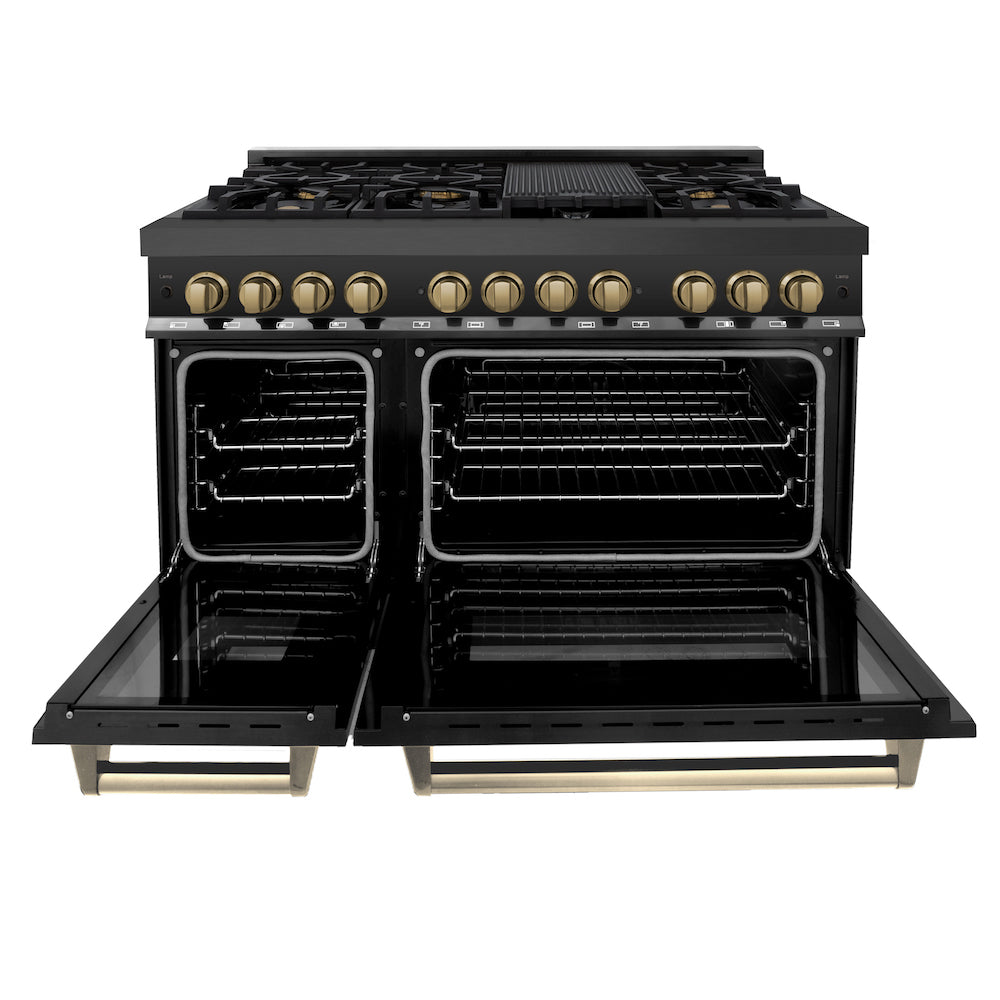 ZLINE Autograph Edition 48 in. 6.0 cu. ft. Dual Fuel Range with Gas Stove and Electric Oven in Black Stainless Steel with Champagne Bronze Accents (RABZ-48-CB) front, oven open.