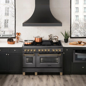 Modern kitchen with a ZLINE Autograph Edition 48 in. 6.0 cu. ft. Legacy Dual Fuel Range with 7 Burner Gas Cooktop and 2 Electric Ovens in Black Stainless Steel and Champagne Bronze Accents (RABZ-48-CB), white countertops, and wooden flooring.