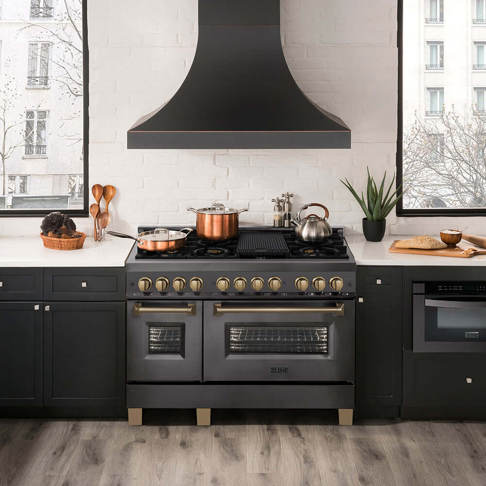 ZLINE Autograph Edition 48 in. 6.0 cu. ft. Legacy Dual Fuel Range with 7 Burner Gas Cooktop and 2 Electric Ovens in Black Stainless Steel and Champagne Bronze Accents, Open Box-Good Condition