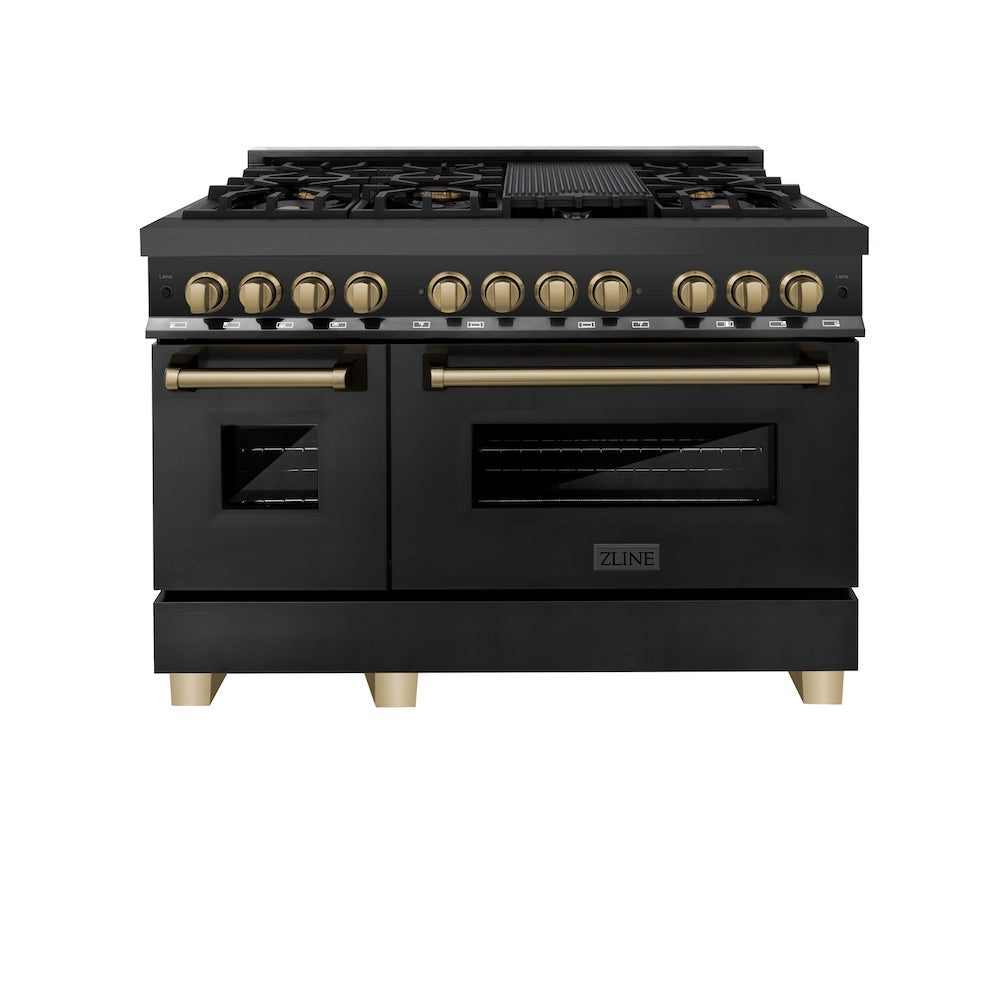 ZLINE Autograph Edition 48 in. 6.0 cu. ft. Dual Fuel Range with Gas Stove and Electric Oven in Black Stainless Steel with Champagne Bronze Accents (RABZ-48-CB) front, oven closed.