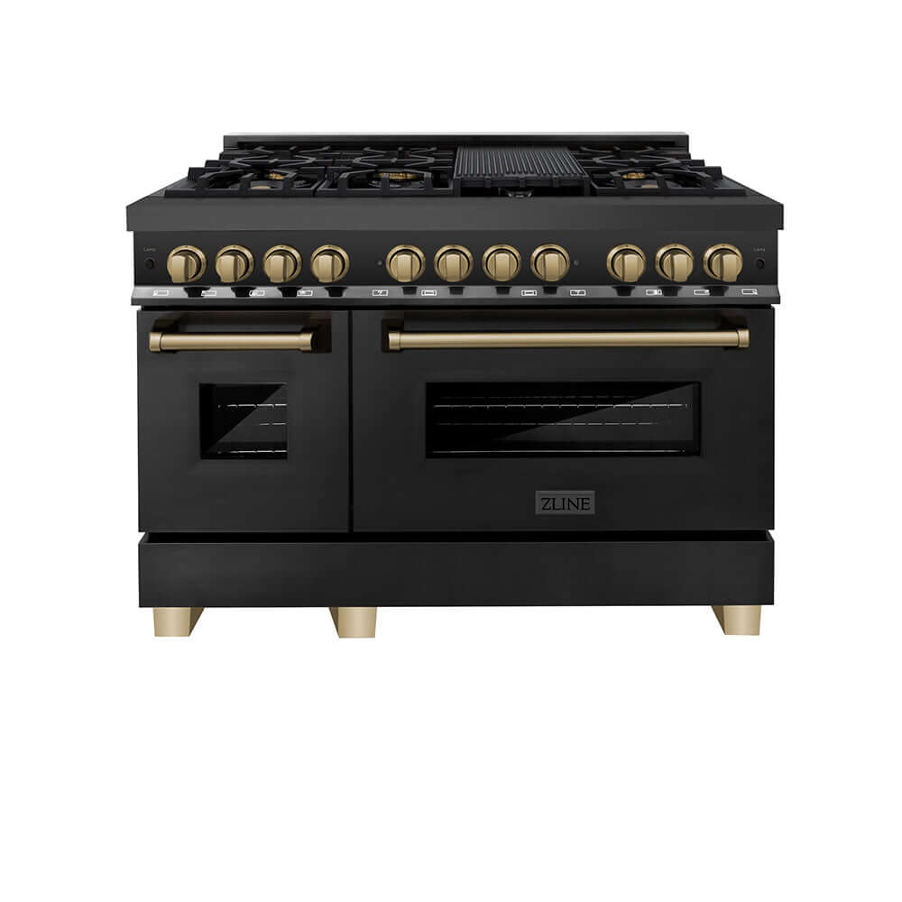 ZLINE Autograph Edition 48 in. 6.0 cu. ft. Legacy Dual Fuel Range with 7 Burner Gas Cooktop and 2 Electric Ovens in Black Stainless Steel and Champagne Bronze Accents, Open Box-Good Condition