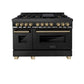 ZLINE Autograph Edition 48 in. 6.0 cu. ft. Legacy Dual Fuel Range with 7 Burner Gas Cooktop and 2 Electric Ovens in Black Stainless Steel and Champagne Bronze Accents, Open Box-Great Condition