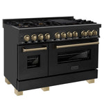 ZLINE Autograph Edition 48 in. 6.0 cu. ft. Legacy Dual Fuel Range with 7 Burner Gas Cooktop and 2 Electric Ovens in Black Stainless Steel and Champagne Bronze Accents, Open Box-Good Condition