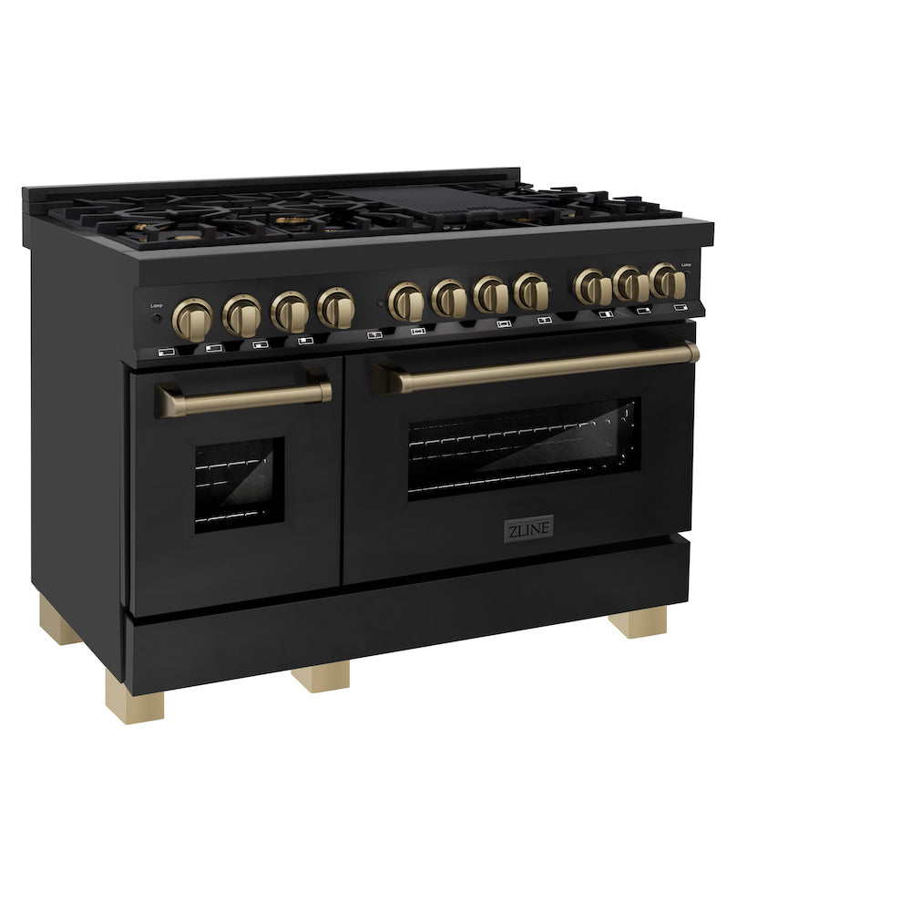 ZLINE Autograph Edition 48 in. 6.0 cu. ft. Dual Fuel Range with Gas Stove and Electric Oven in Black Stainless Steel with Champagne Bronze Accents (RABZ-48-CB) side, oven closed.