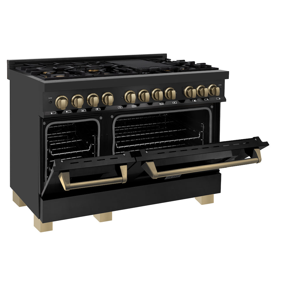 ZLINE Autograph Edition 48 in. 6.0 cu. ft. Dual Fuel Range with Gas Stove and Electric Oven in Black Stainless Steel with Champagne Bronze Accents (RABZ-48-CB) side, oven half open.