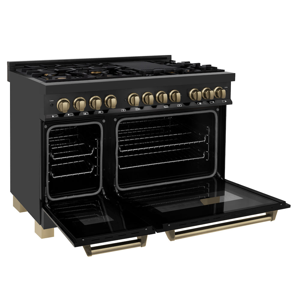 ZLINE Autograph Edition 48 in. 6.0 cu. ft. Dual Fuel Range with Gas Stove and Electric Oven in Black Stainless Steel with Champagne Bronze Accents (RABZ-48-CB) side, oven open.