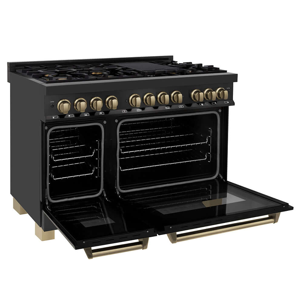 ZLINE Autograph Edition 48 in. 6.0 cu. ft. Legacy Dual Fuel Range with 7 Burner Gas Cooktop and 2 Electric Ovens in Black Stainless Steel and Champagne Bronze Accents, Open Box-Good Condition