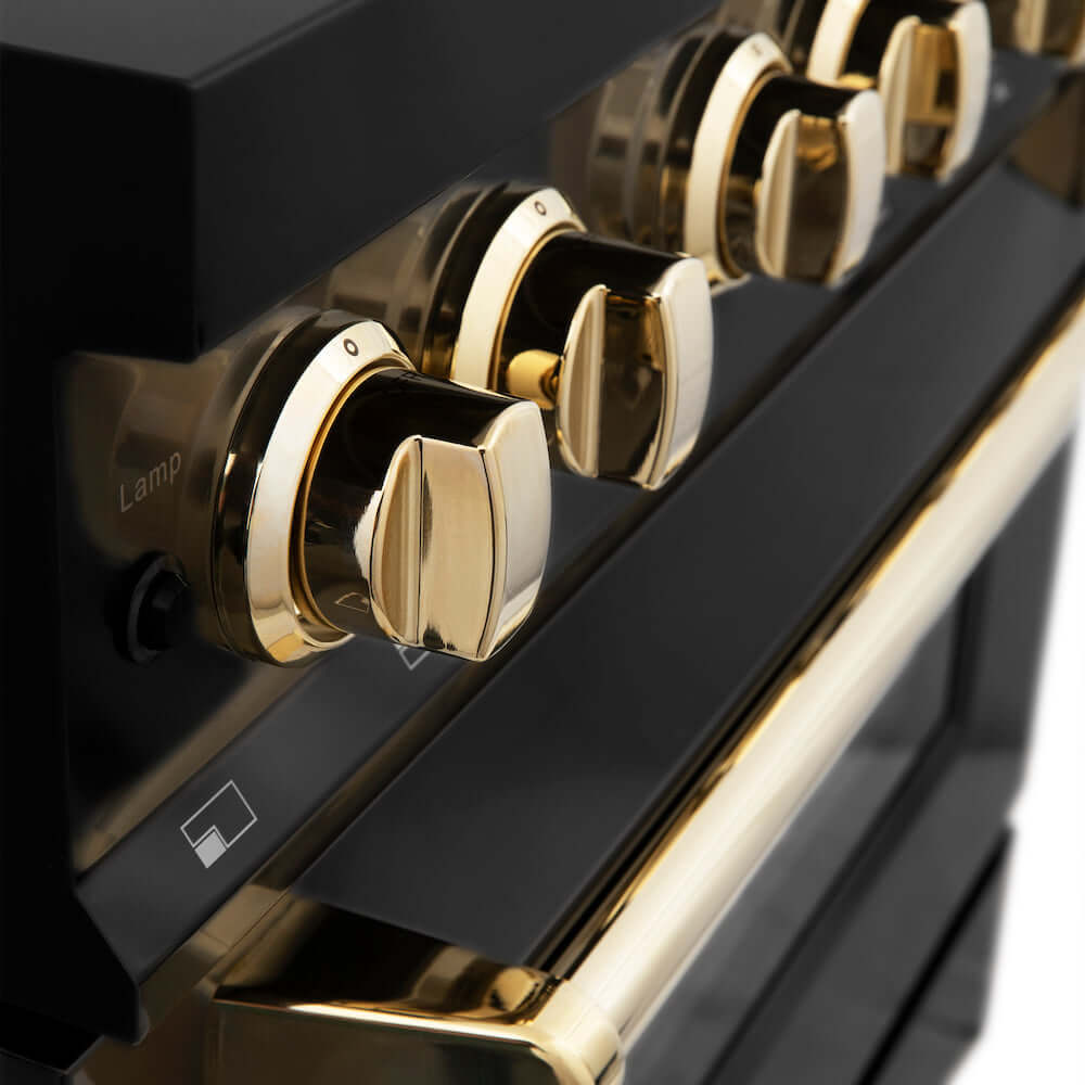 ZLINE Autograph Edition Polished Gold accents close up on a black stainless steel range.