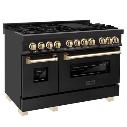 ZLINE Autograph Edition 48 in. 6.0 cu. ft. Legacy Dual Fuel Range with 7 Burner Gas Cooktop and 2 Electric Ovens in Black Stainless Steel and Polished Gold Accents, Open Box-Good Condition