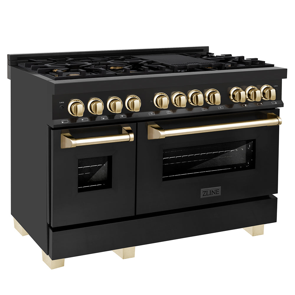 ZLINE Autograph Edition 48 in. 6.0 cu. ft. Legacy Dual Fuel Range with 7 Burner Gas Cooktop and 2 Electric Ovens in Black Stainless Steel and Polished Gold Accents (RABZ-48-G) main image.