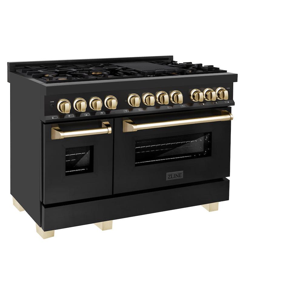ZLINE Autograph Edition 48 in. 6.0 cu. ft. Legacy Dual Fuel Range with 7 Burner Gas Cooktop and 2 Electric Ovens in Black Stainless Steel and Polished Gold Accents (RABZ-48-G) side, oven closed.