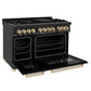 ZLINE Autograph Edition 48 in. 6.0 cu. ft. Legacy Dual Fuel Range with 7 Burner Gas Cooktop and 2 Electric Ovens in Black Stainless Steel and Polished Gold Accents (RABZ-48-G) side, oven open.