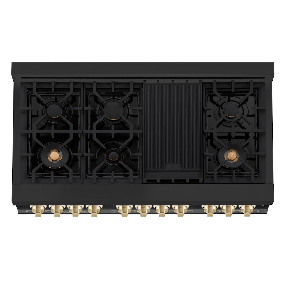 ZLINE 48 in. Autograph Edition Kitchen Package with Black Stainless Steel Dual Fuel Range, Range Hood, Dishwasher and Refrigeration with Polished Gold Accents (4AKPR-RABRHDWV48-G)