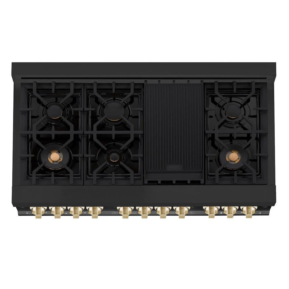 ZLINE Autograph Edition 48 in. 6.0 cu. ft. Dual Fuel Range with Gas Cooktop and Electric Oven in Black Stainless Steel with Polished Gold Accents (RABZ-48-G)