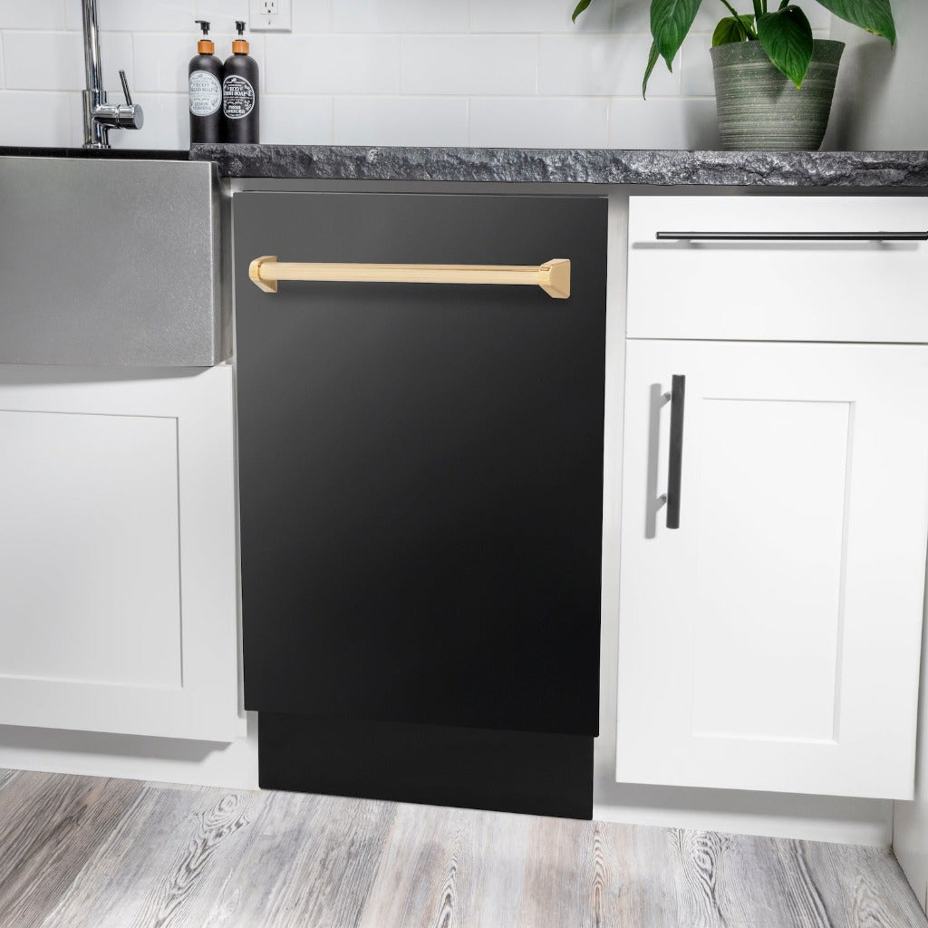ZLINE Autograph Edition 18 in. Tallac Series 3rd Rack Top Control Built-In Dishwasher in Black Stainless Steel with Polished Gold Handle, 51dBa (DWVZ-BS-18-G) built-in to white cabinets with granite countertops in a luxury kitchen.