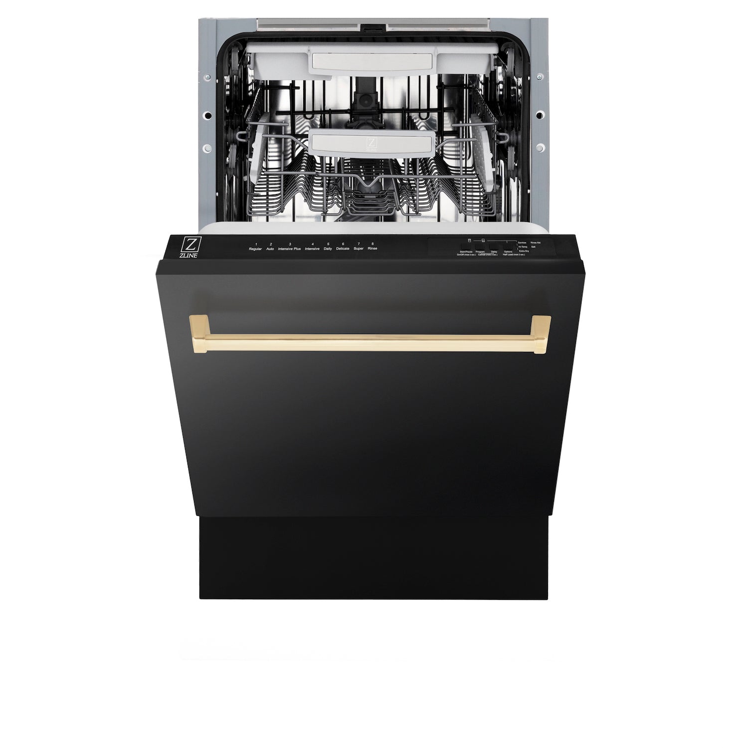 ZLINE Autograph Edition 18 in. Tallac Series 3rd Rack Top Control Built-In Dishwasher in Black Stainless Steel with Polished Gold Handle, 51dBa (DWVZ-BS-18-G) front, half open.