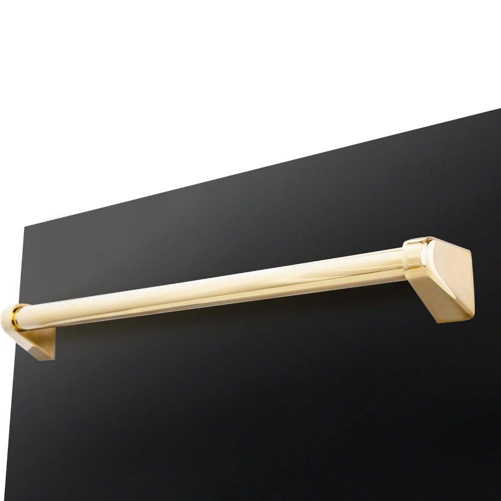 ZLINE Autograph Edition 18 in. Tallac Series 3rd Rack Top Control Built-In Dishwasher in Black Stainless Steel with Polished Gold Handle, 51dBa (DWVZ-BS-18-G) close-up, Polished Gold Autograph Edition handle on panel.