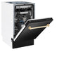 ZLINE Autograph Edition 18 in. Tallac Series 3rd Rack Top Control Built-In Dishwasher in Black Stainless Steel with Polished Gold Handle, 51dBa (DWVZ-BS-18-G) side, half open.