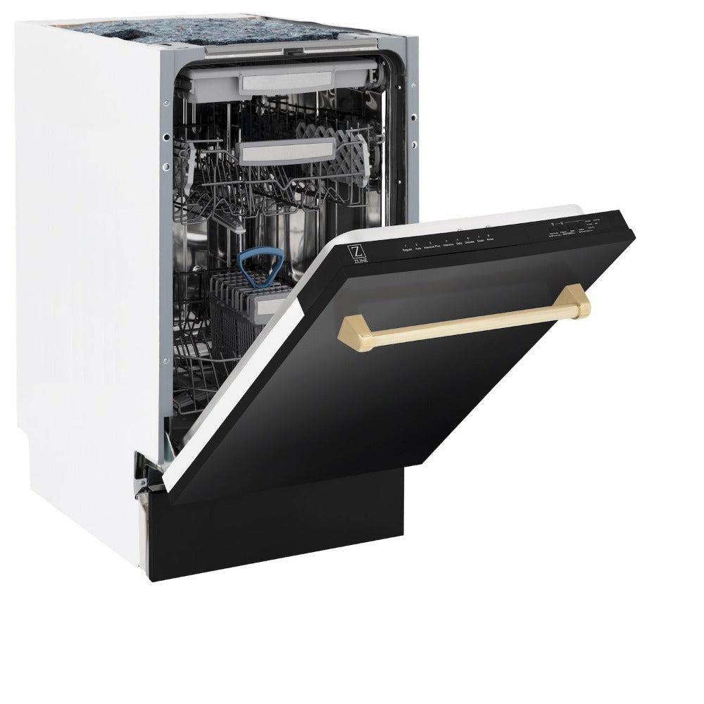 ZLINE Autograph Edition 18 in. Tallac Series 3rd Rack Top Control Built-In Dishwasher in Black Stainless Steel with Polished Gold Handle, 51dBa (DWVZ-BS-18-G) side, half open.