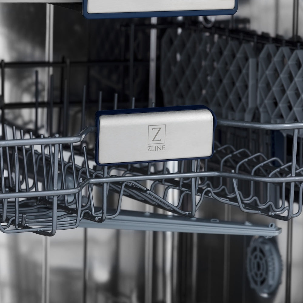 ZLINE Autograph Edition 24 in. Tallac Series 3rd Rack Top Control Built-In Tall Tub Dishwasher in Black Stainless Steel with Champagne Bronze Handle, 51dBa (DWVZ-BS-24-CB) close-up, ZLINE logo on dish rack.