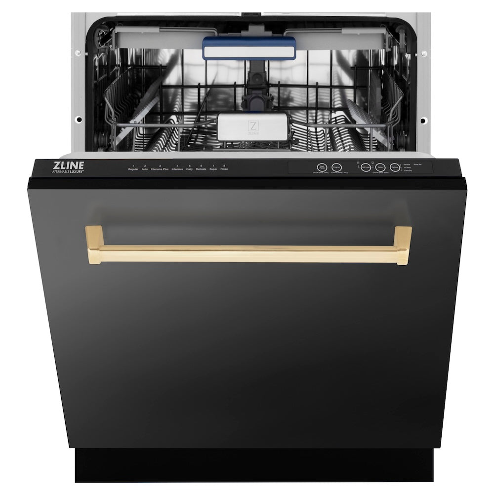 ZLINE Autograph Edition 24 in. Tallac Series 3rd Rack Top Control Built-In Tall Tub Dishwasher in Black Stainless Steel with Champagne Bronze Handle, 51dBa (DWVZ-BS-24-CB) front, half open.