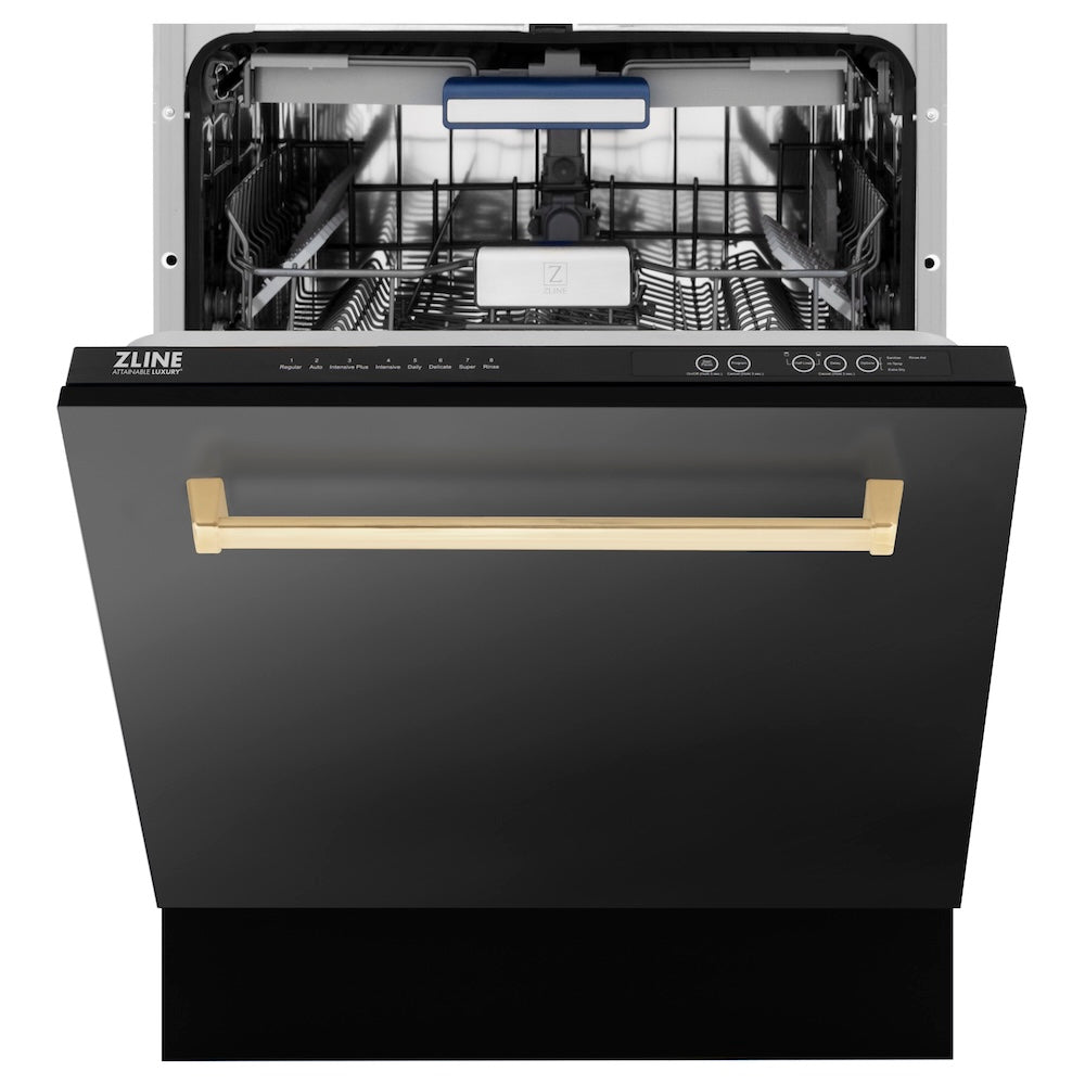 ZLINE Autograph Edition 36 in. Kitchen Package with Black Stainless Steel Dual Fuel Range, Range Hood and Dishwasher with Champagne Bronze Accents (3AKP-RABRHDWV36-CB)