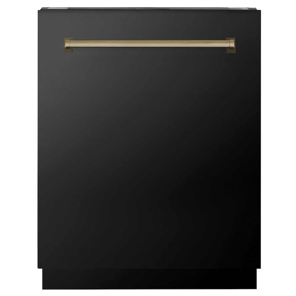 ZLINE Autograph Edition 24 in. Tallac Series 3rd Rack Top Control Built-In Tall Tub Dishwasher in Black Stainless Steel with Champagne Bronze Handle, 51dBa (DWVZ-BS-24-CB)