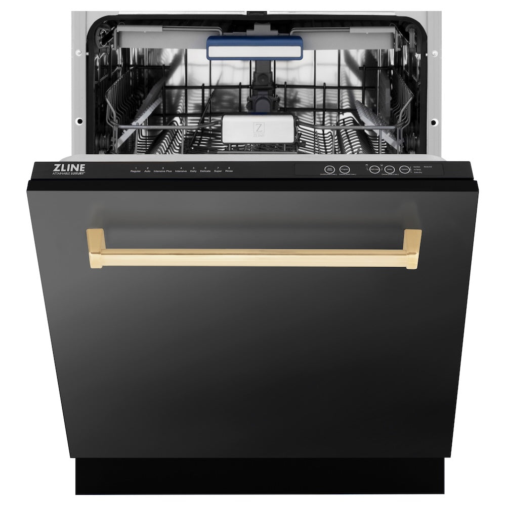 ZLINE Autograph Edition 24 in. Tallac Series 3rd Rack Top Control Built-In Tall Tub Dishwasher in Black Stainless Steel with Polished Gold Handle, 51dBa (DWVZ-BS-24-G) front, half open.