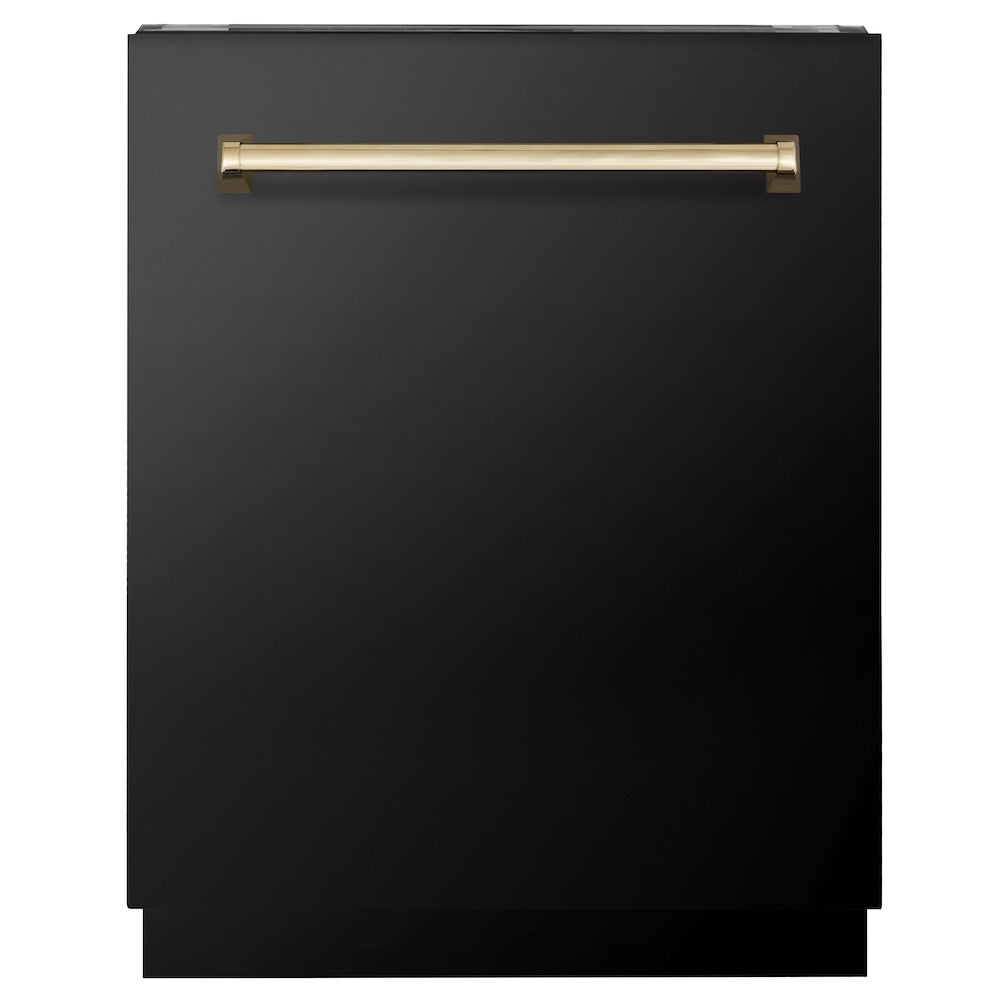 ZLINE Autograph Edition 24 in. Tallac Series 3rd Rack Top Control Built-In Tall Tub Dishwasher in Black Stainless Steel with Polished Gold Handle, 51dBa (DWVZ-BS-24-G)