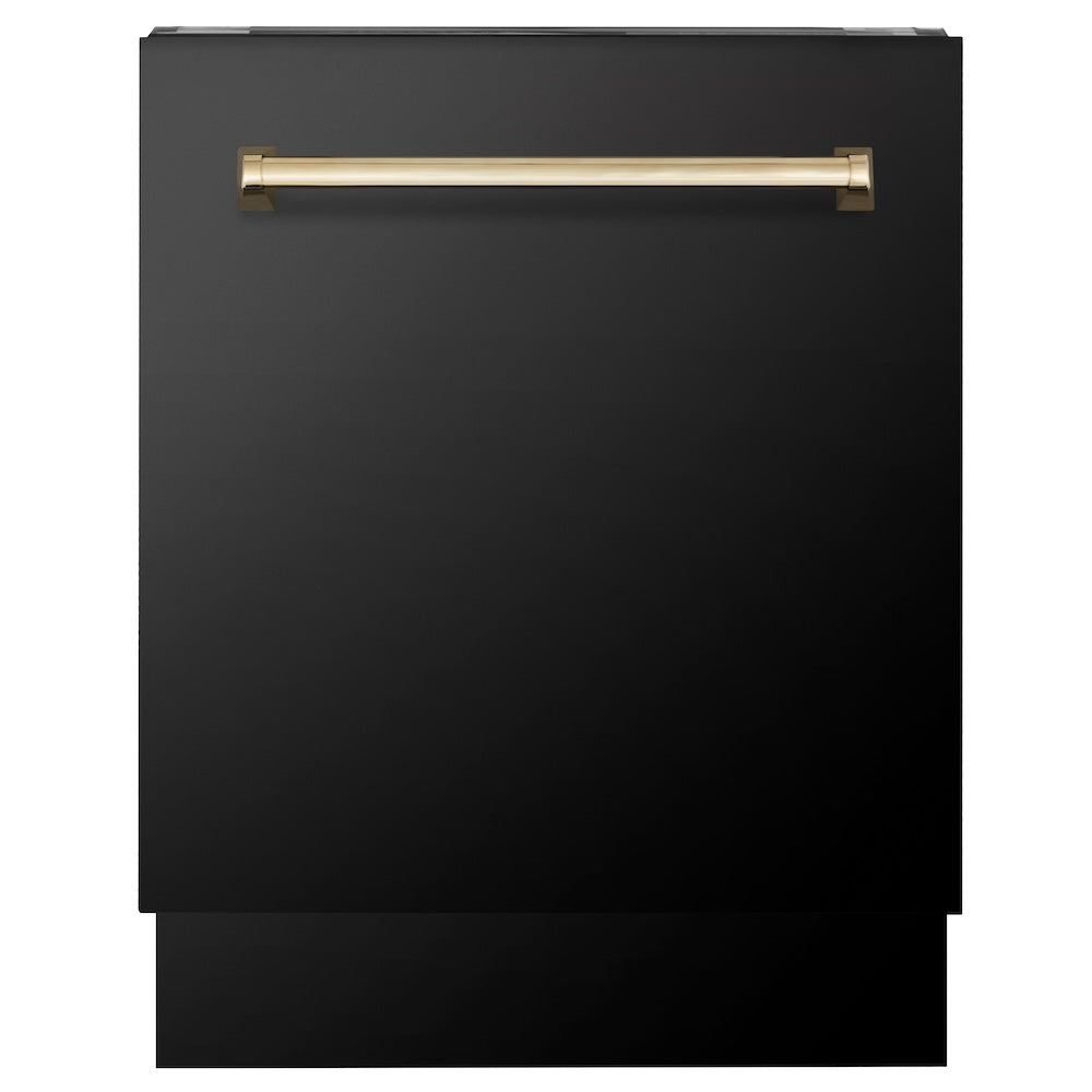 ZLINE Autograph Edition 48 in. Kitchen Package with Black Stainless Steel Dual Fuel Range, Range Hood and Dishwasher with Polished Gold Accents (3AKP-RABRHDWV48-G)