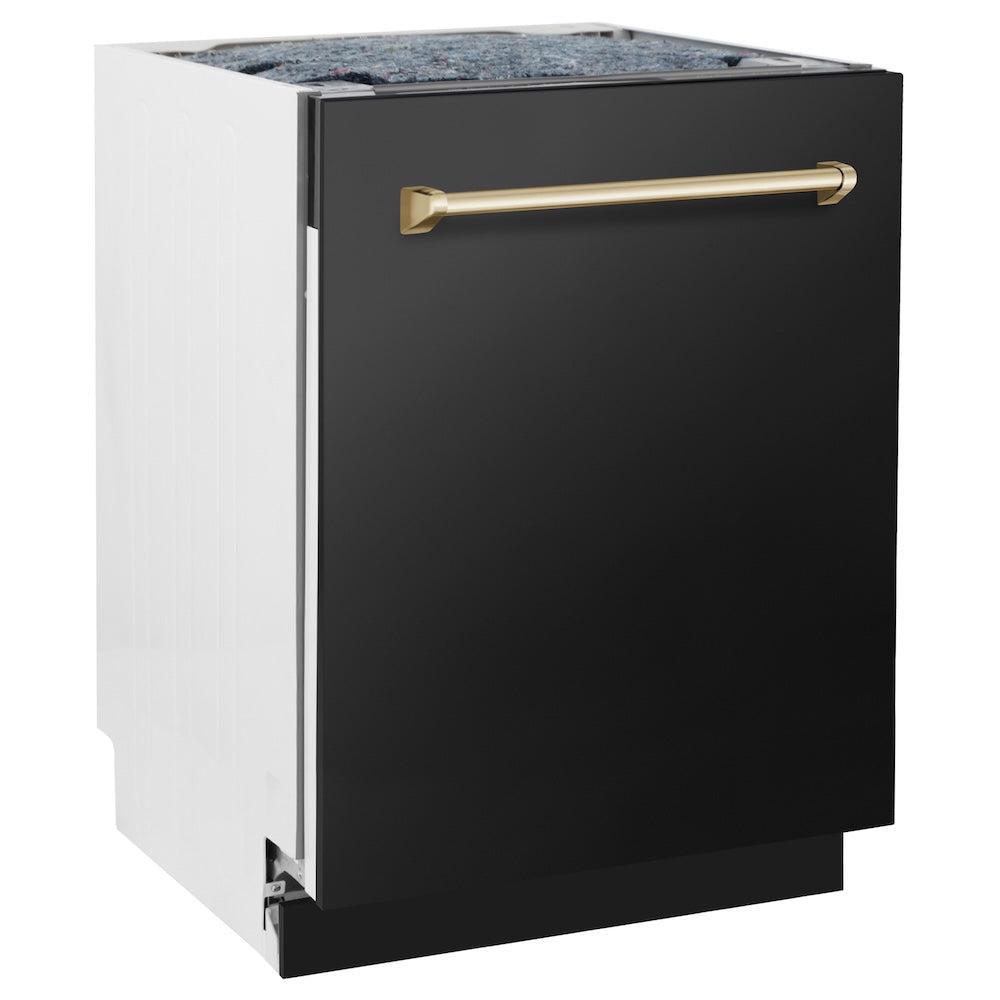 ZLINE Autograph Edition 24 in. Tallac Series 3rd Rack Top Control Built-In Tall Tub Dishwasher in Black Stainless Steel with Polished Gold Handle, 51dBa (DWVZ-BS-24-G) side, closed.