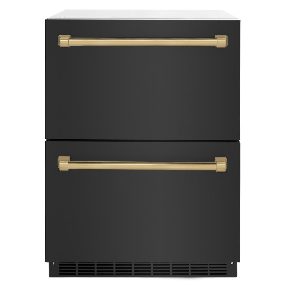 ZLINE Autograph Edition 24 in. Touchstone 168 Can Outdoor-Rated Dual Refrigerator Drawer with Black Stainless Steel Doors and Champagne Bronze Handles (RDSOZ-BS-24-CB) main image.