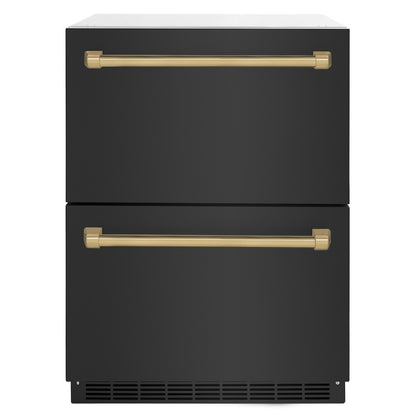 ZLINE Autograph Edition 24 in. Touchstone 168 Can Outdoor-Rated Dual Refrigerator Drawer with Black Stainless Steel Doors and Champagne Bronze Handles (RDSOZ-BS-24-CB) main image.
