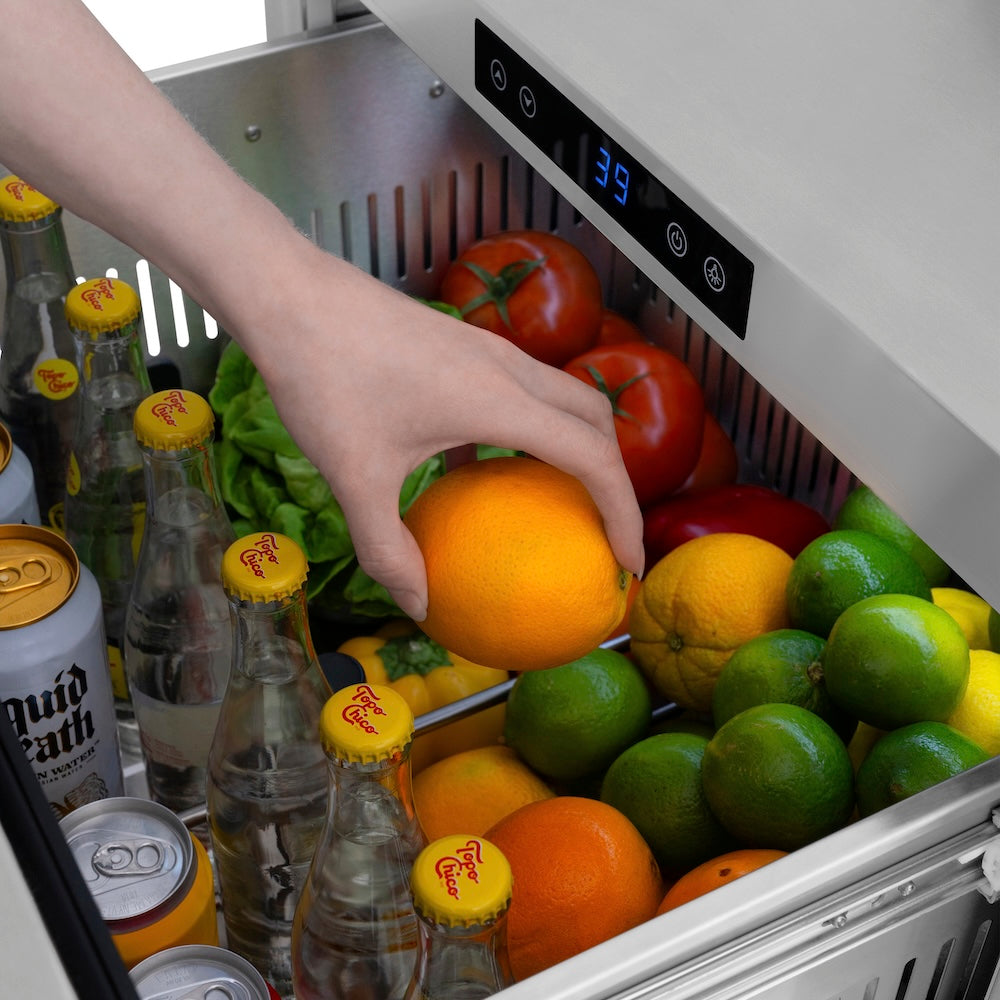 ZLINE Autograph Edition 24 in. Touchstone 168 Can Outdoor-Rated Dual Refrigerator Drawer with Black Stainless Steel Doors and Polished Gold Handles (RDSOZ-BS-24-G)