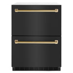 ZLINE Autograph Edition 24 in. Touchstone 168 Can Outdoor-Rated Dual Refrigerator Drawer with Black Stainless Steel Doors and Polished Gold Handles (RDSOZ-BS-24-G) main image.