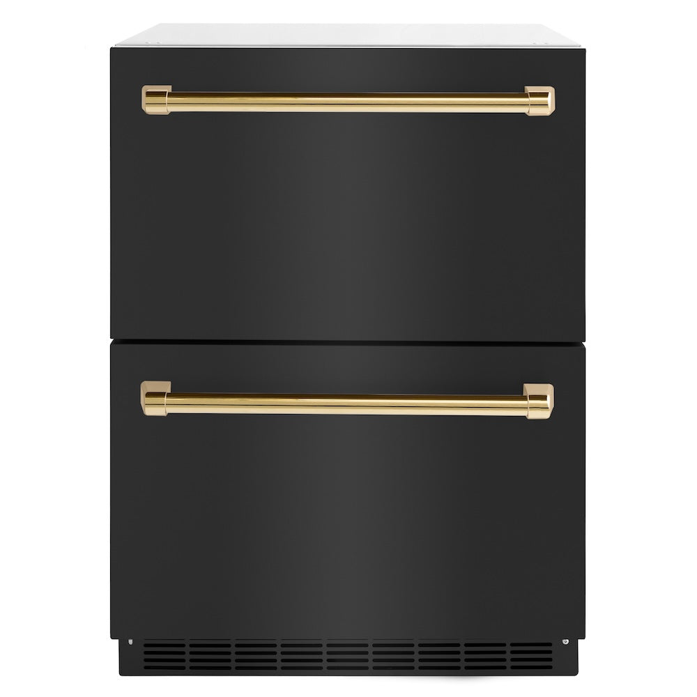 ZLINE Autograph Edition 24 in. Touchstone 168 Can Outdoor-Rated Dual Refrigerator Drawer with Black Stainless Steel Doors and Polished Gold Handles (RDSOZ-BS-24-G) main image.