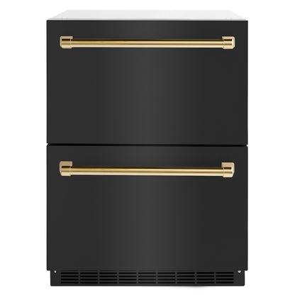 ZLINE Autograph Edition 24 in. Touchstone 168 Can Outdoor-Rated Dual Refrigerator Drawer with Black Stainless Steel Doors and Polished Gold Handles (RDSOZ-BS-24-G) main image.