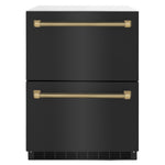 ZLINE Autograph Edition 24 in. Touchstone 168 Can Outdoor-Rated Dual Refrigerator Drawer with Black Stainless Steel Doors and Champagne Bronze Helix Handles (RDSOZ-BS-24-KCB) main image.