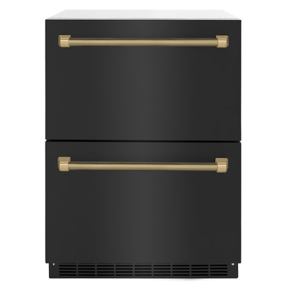 ZLINE Autograph Edition 24 in. Touchstone 168 Can Outdoor-Rated Dual Refrigerator Drawer with Black Stainless Steel Doors and Champagne Bronze Helix Handles (RDSOZ-BS-24-KCB) main image.