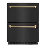 ZLINE Autograph Edition 24 in. Touchstone 168 Can Outdoor-Rated Dual Refrigerator Drawer with Black Stainless Steel Doors and Polished Gold Helix Handles (RDSOZ-BS-24-KG) main image.