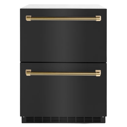 ZLINE Autograph Edition 24 in. Touchstone 168 Can Outdoor-Rated Dual Refrigerator Drawer with Black Stainless Steel Doors and Polished Gold Helix Handles (RDSOZ-BS-24-KG) main image.