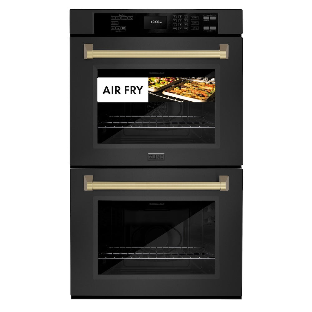 ZLINE Autograph Edition 30 in. Professional True Convection Double Wall Oven with Air Fry and Self Clean in Black Stainless Steel with Champagne Bronze Handles (WADBZ-30-CB)