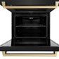 ZLINE Autograph Edition 30 in. Professional True Convection Double Wall Oven with Air Fry and Self Clean in Black Stainless Steel with Champagne Bronze Handles (WADBZ-30-CB) front, oven open close-up.