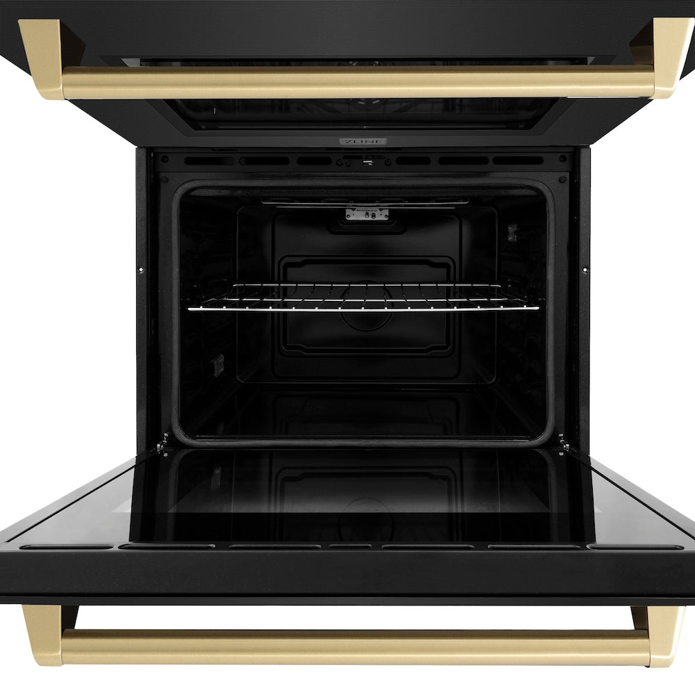 ZLINE Autograph Edition 30 in. Professional True Convection Double Wall Oven with Air Fry and Self Clean in Black Stainless Steel with Champagne Bronze Handles (WADBZ-30-CB) front, oven open close-up.
